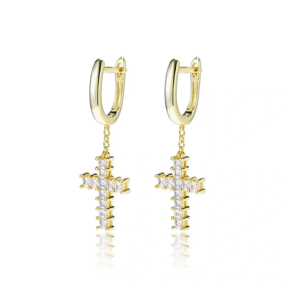 Drop Shipping Hip Hop Thick Hoop Earrings Bling Ice Out Cross CZ Zircon Plated Stud Lightning Earrings For Women Jewelry