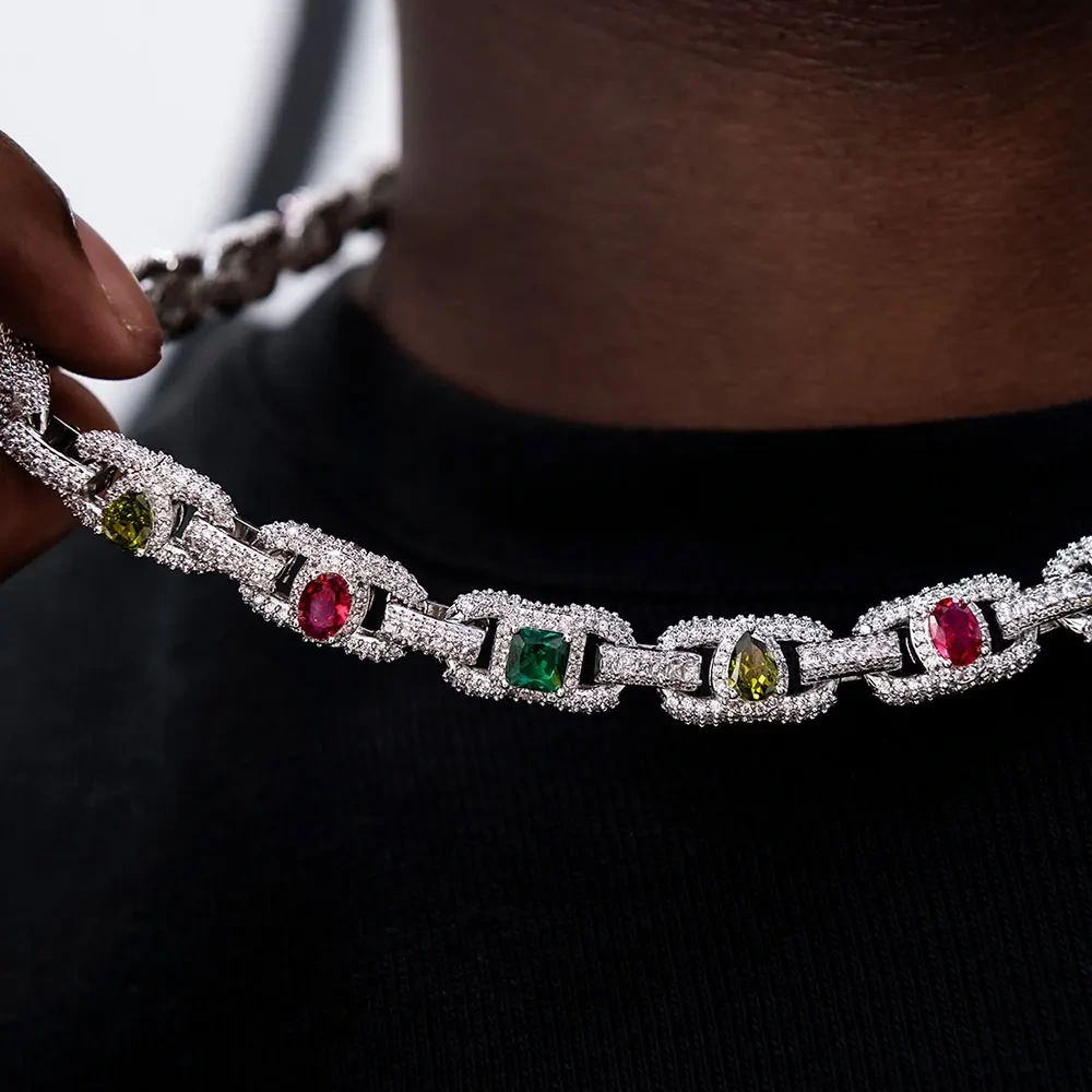 ESKEEM Iced Out Diamond Cuban Link Chain Silver Plated Mixed Inlaid Colorful Zircon Charm Hip Hop Necklace
