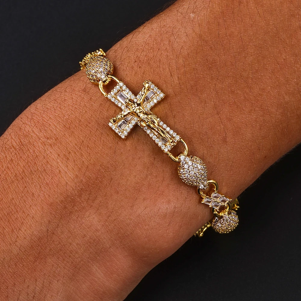 New Trendy 8mm Bead Cross Jesus Chain Bracelet Fully Iced Out Shinning Diamond 18k Gold Plated Miami Cross Bracelet Men
