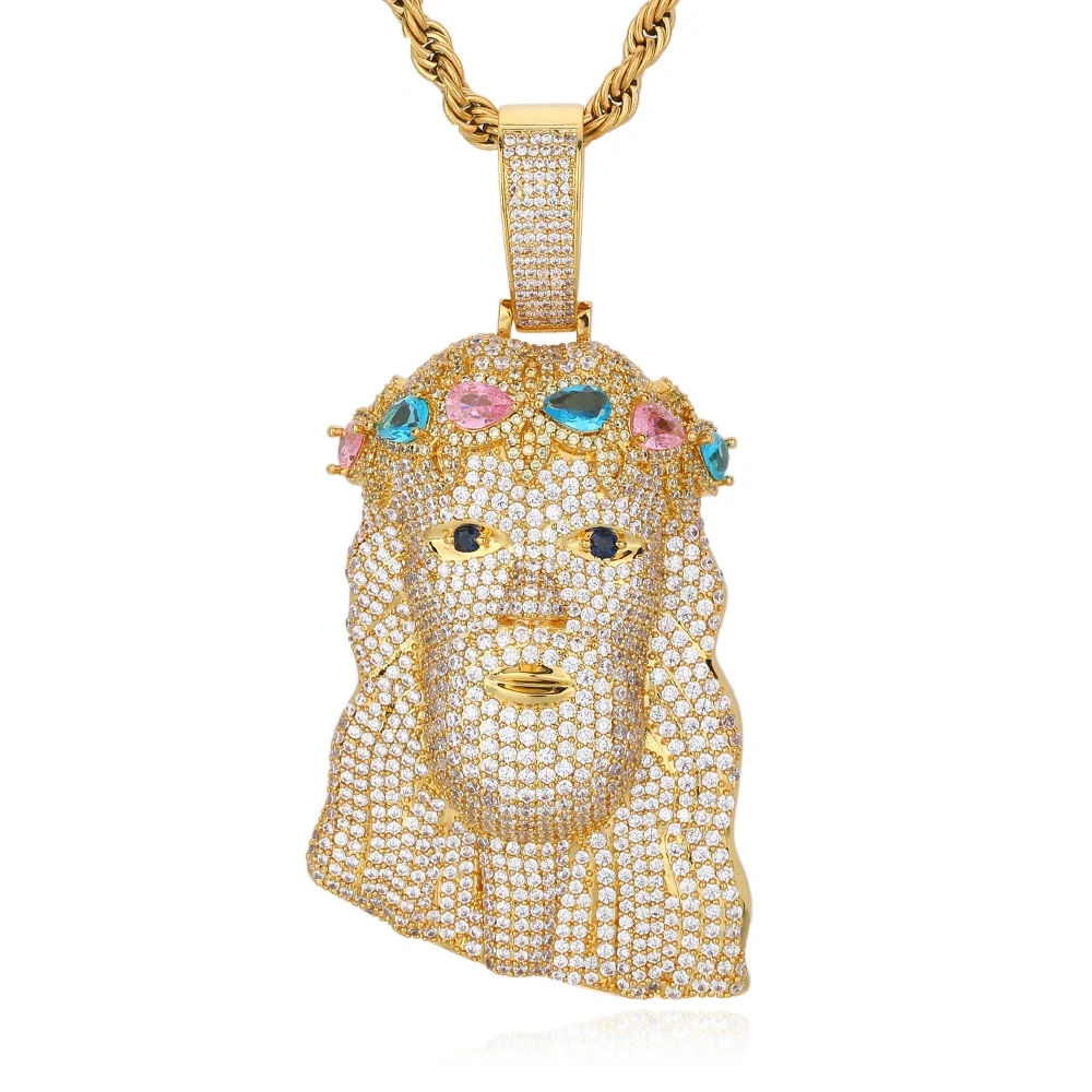 Mens Diamond Jesus Head Inlaid Colorful Zircon Silver Gold Face Christ Big Pendant For Gift Drop Shipping