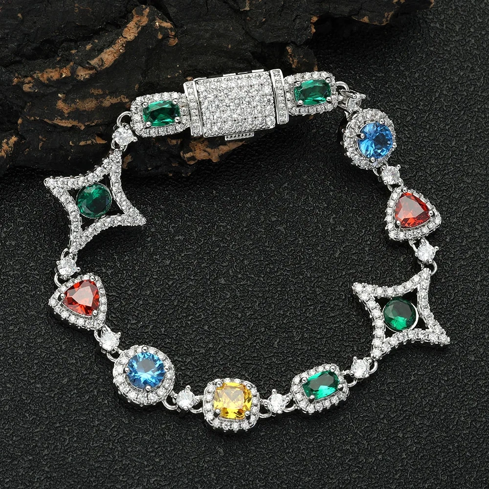 Dazzling Hip Hop Bracelets Mixed Gemstone & Cubic Zirconia 18K Gold-Plating Trendy Unisex Accessories for Men & Women