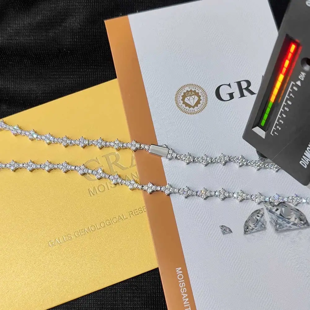 Hip Hop Jewelry 6.5mm lced Out Flower Tennis Chain 925Sterling Silver 18K Gold Plated VVS Moissanite Tennis Necklace