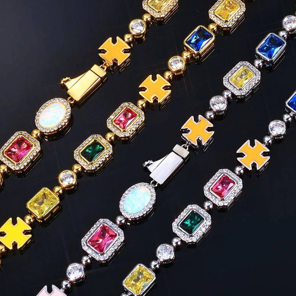 ESKEEM 10mm Fine Multi Color Enamel Bling Cz Diamond Chain Geometric Gemstone Motif Iced Out Cross Necklace for Men Women