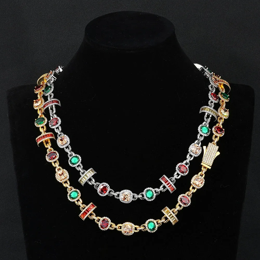 ESKEEM Multicolor Ruby and Emerald Chain Iced Necklace Sparkling 18K Gold Plated Cubic Zirconia Fine Jewelry for Women Gift