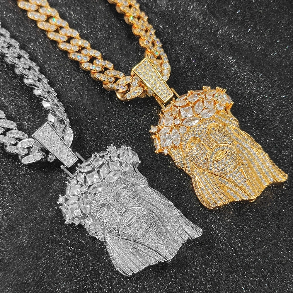 ESKEEM Bling Iced Out 5A CZ Jesus Face Pendant White Gold Plated Big Jesus Head Charm Hip Hop Jewelry wtih 12mm Cuban Chain