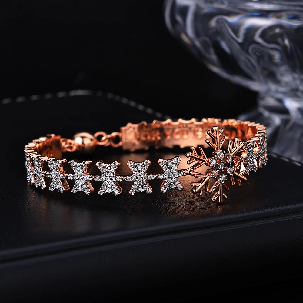 ESKEEM Rose Gold Plated Jewelry Snowflake Bangle Iced Out Cubic Zirconia Bracelets for Women Christmas and New Year Gifts