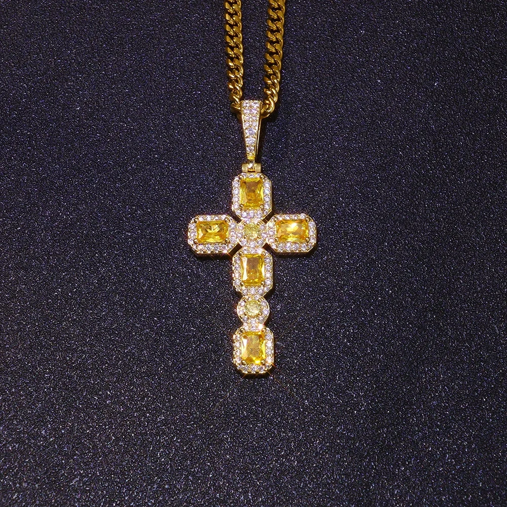 ESKEEM New Arrival Hip Hop Bling Yellow CZ Diamond Cross Pendant Yellow Baguette Gemstone Cross Necklace for Women Men