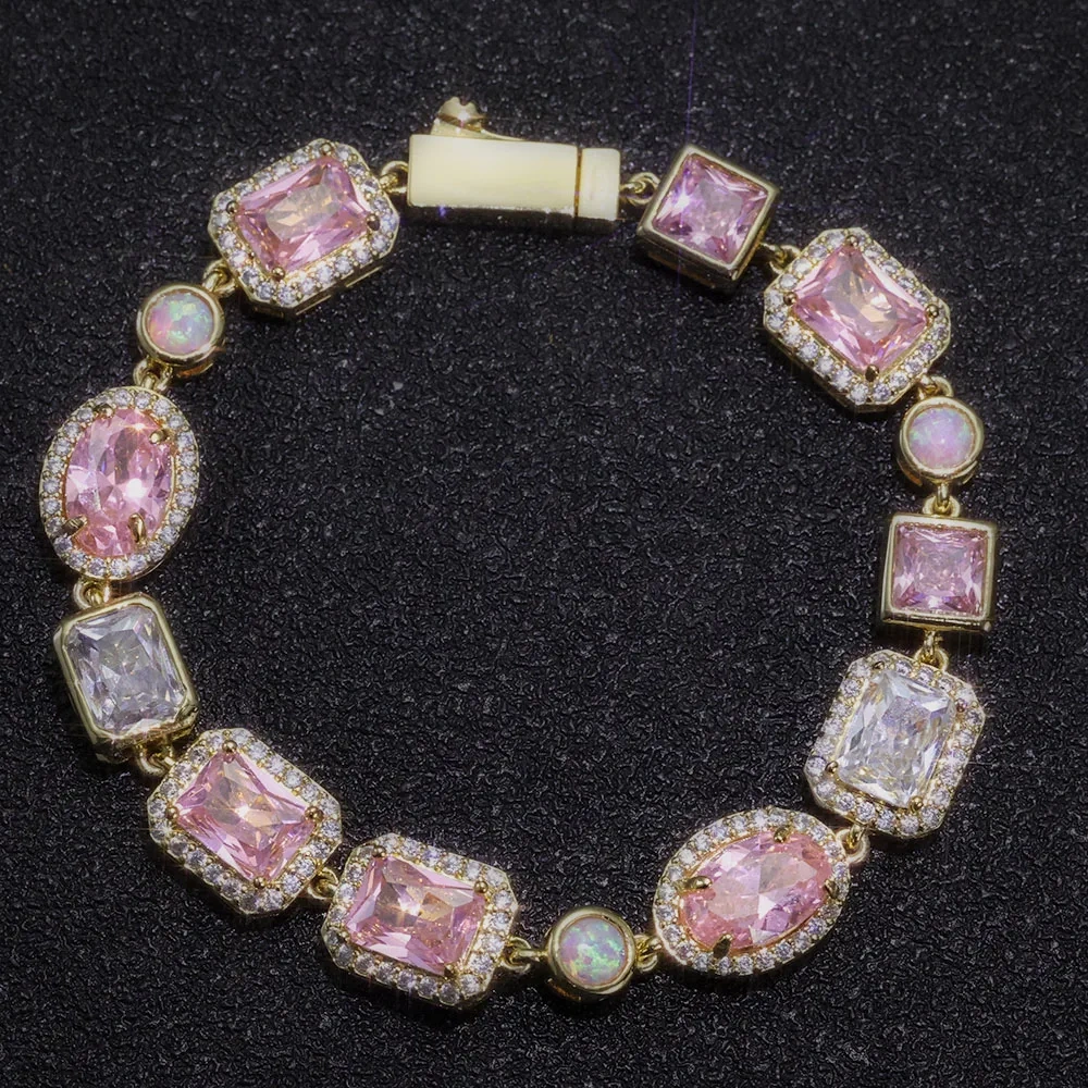 ESKEEM 10mm Opal Custom Bling Pink Cz Stone Chain Silver Gold Plated Necklace Geometric Gemstone Motif Iced Out Link Chain