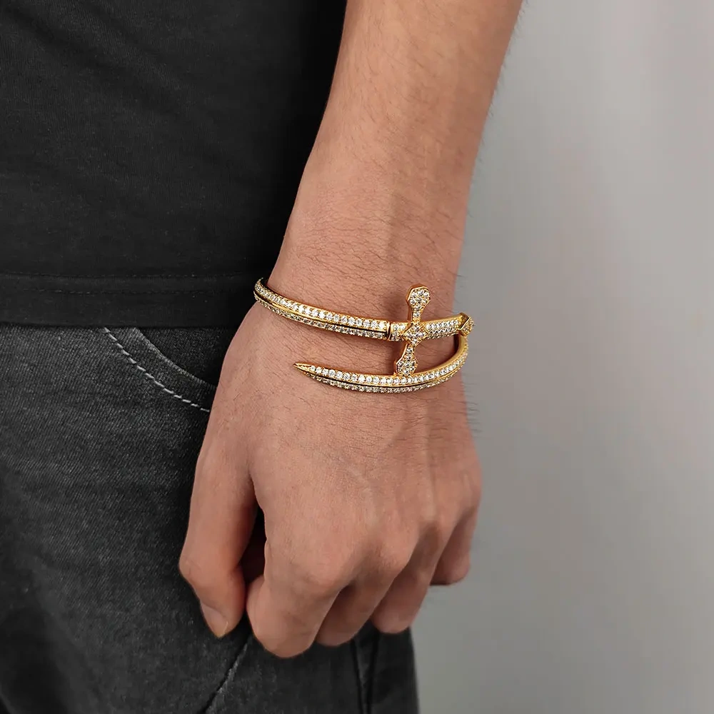 Men Hip Hop Iced Out Bling Luxury Heart Women Rectangular Drill CZ Cubic Zirconia Bangles Bracelet
