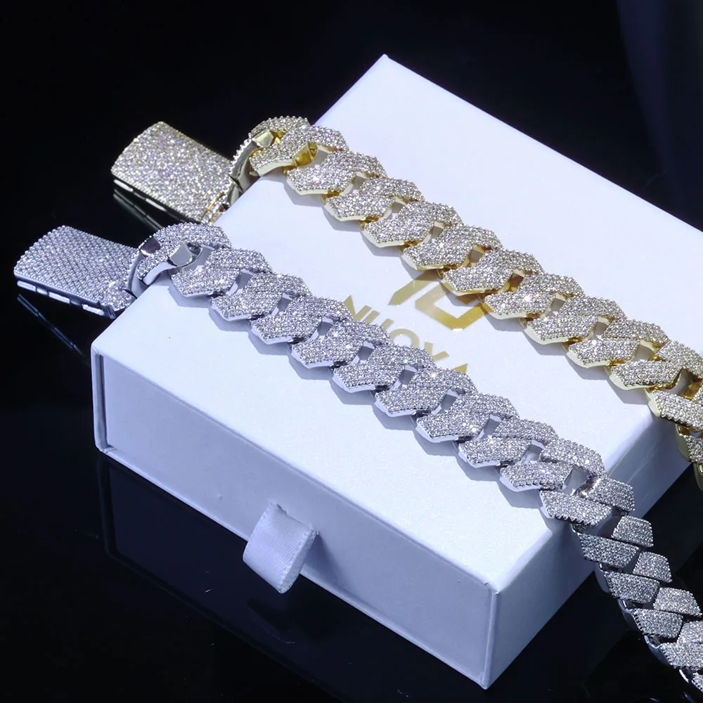 Hip Hop Jewelry White Gold Prong Miami Cuban Link Chain for Women 15mm 4 Rows Iced Out Diamond Prong Cuban Chain Bracelet