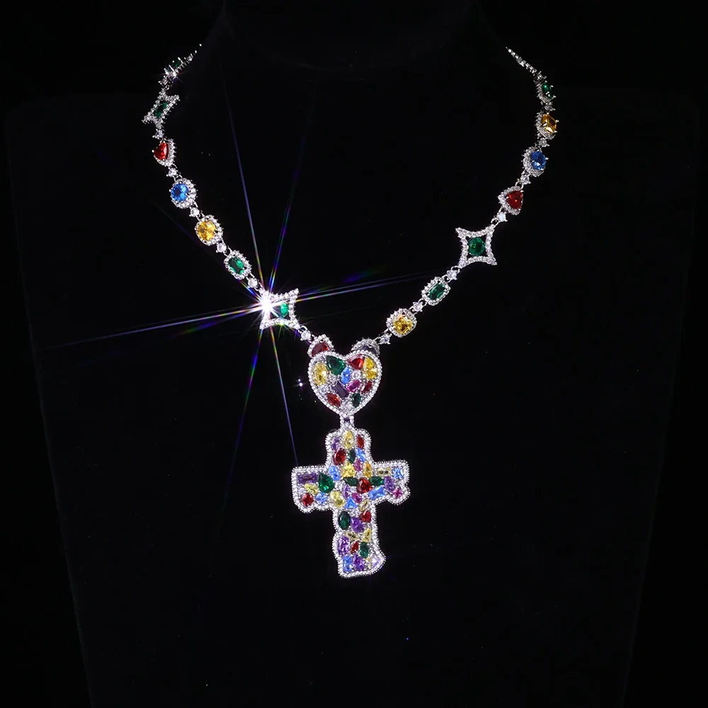 ESKEEM New Colorful Cubic Zirconia Cross Pendant Bling CZ Diamond Iced Out Charm Necklace Hip Hop Jewelry Christmas Day Gift