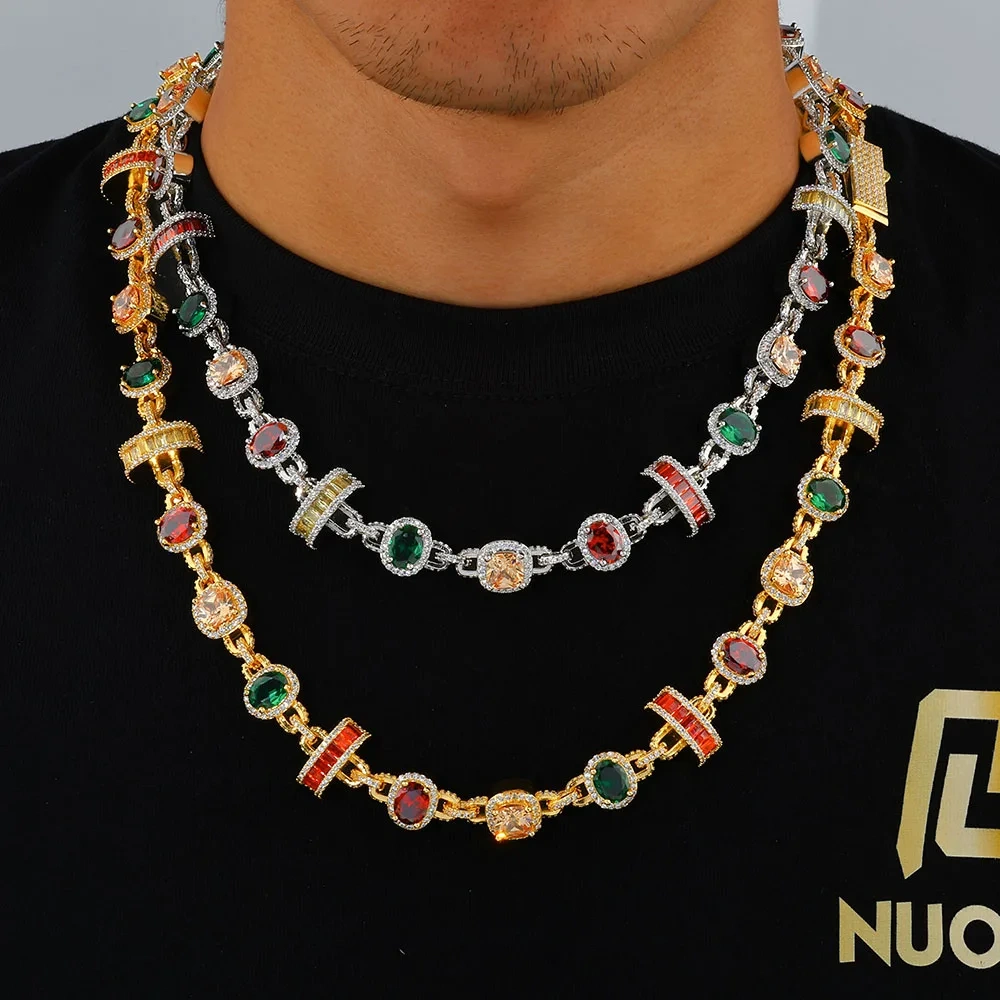 ESKEEM 15mm New Arrival Hip Hop Necklace 925 Silver Platinum Geometric Chain Colorful CZ White VVS Moissanite Jewelry