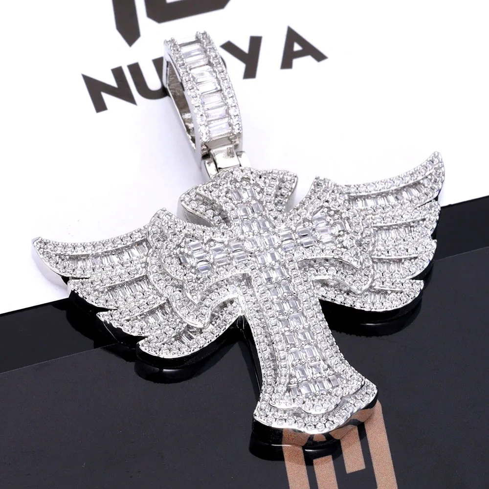 ESKEEM Angel Wings Cross with Diamond Pendant Fashion Personalized Trendy 5A Cubic Zirconia CZ Cross Necklace Hip Hop Jewelry
