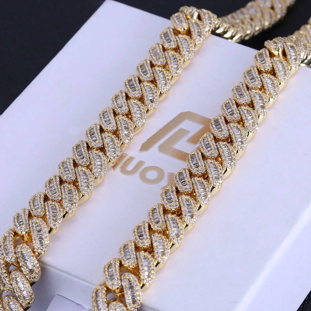 Hip Hop 12/15mm Bling Iced Out Diamond Cuban Chain Brass 5A Cz Baguette Cuban Link Necklace Men Women Jewelry Birthday Gift