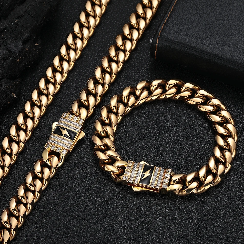 Hip Hop Jewelry 12MM Stainless Steel Cuban Link Necklace Brass Rectangle CZ Iced Out Bling Lightning Clasp For Men Women