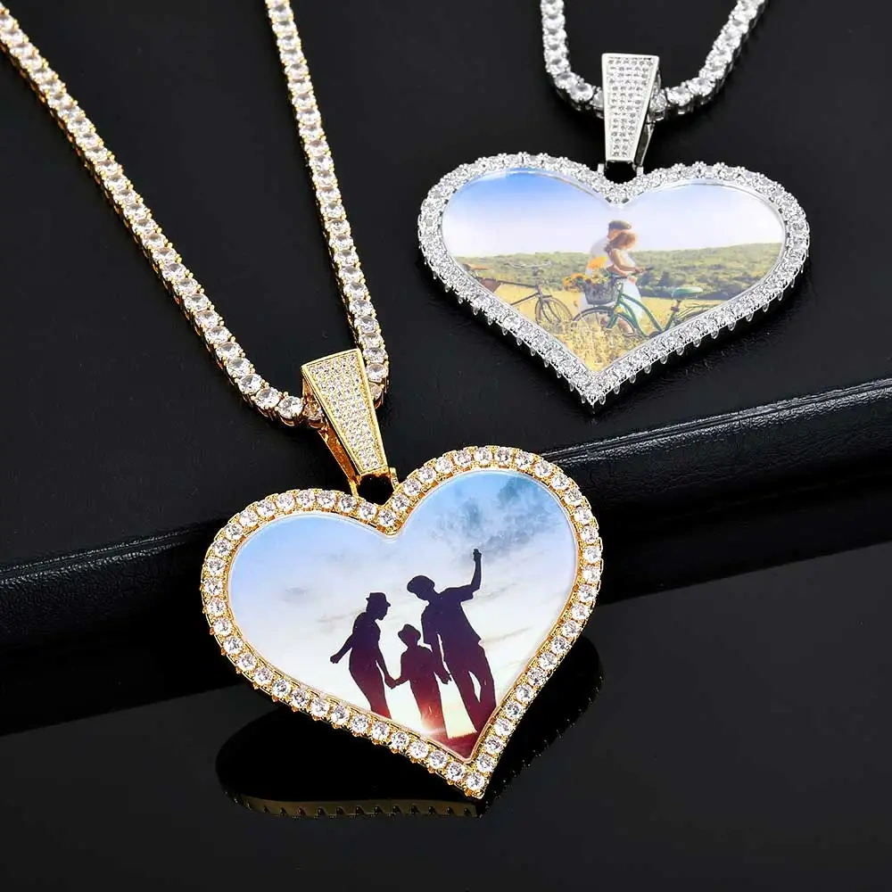 66mm Personalized Custom Big Heart Photo Pendants Bling Diamond Memarial Picture Necklaces Women Men Hip Hop Jewelry Gift