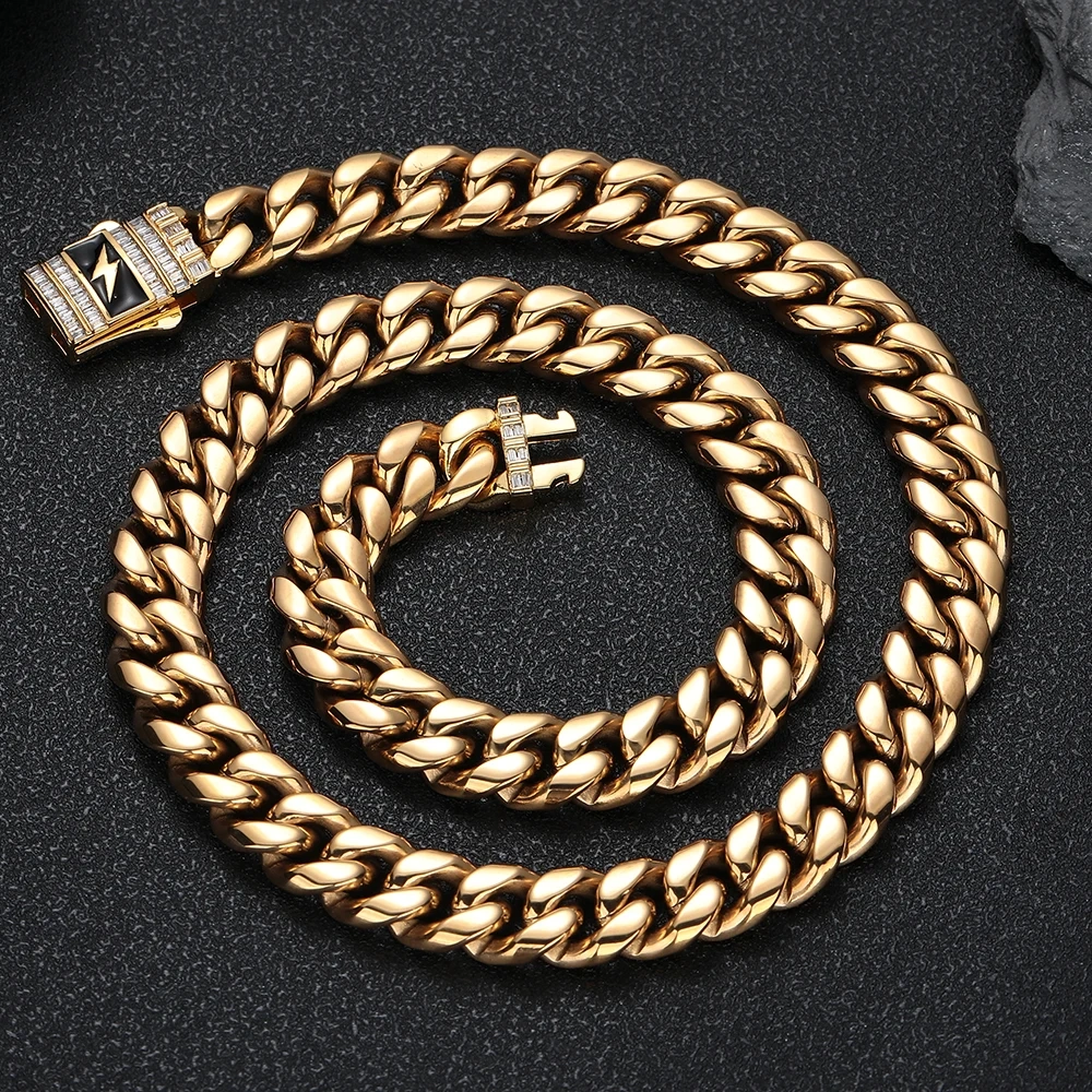 Hip Hop Jewelry 12MM Stainless Steel Cuban Link Necklace Brass Rectangle CZ Iced Out Bling Lightning Clasp For Men Women