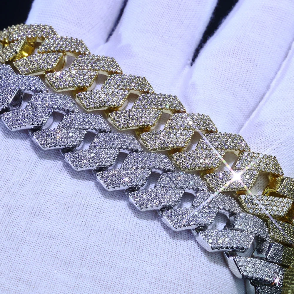 Hip Hop Jewelry White Gold Prong Miami Cuban Link Chain for Women 15mm 4 Rows Iced Out Diamond Prong Cuban Chain Bracelet