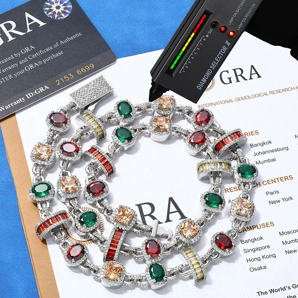 ESKEEM 15mm New Arrival Hip Hop Necklace 925 Silver Platinum Geometric Chain Colorful CZ White VVS Moissanite Jewelry