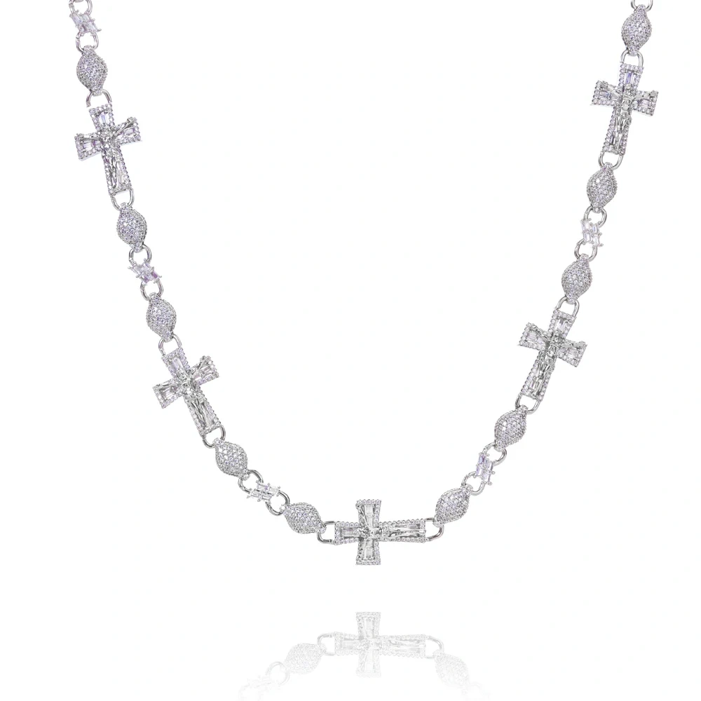 ESKEEM Mens Party Hip Hop Jewelry Gold Silver Plated Baguette Zircon Iced Out Lab Diamond Cross Infinity Cuban Link Necklace