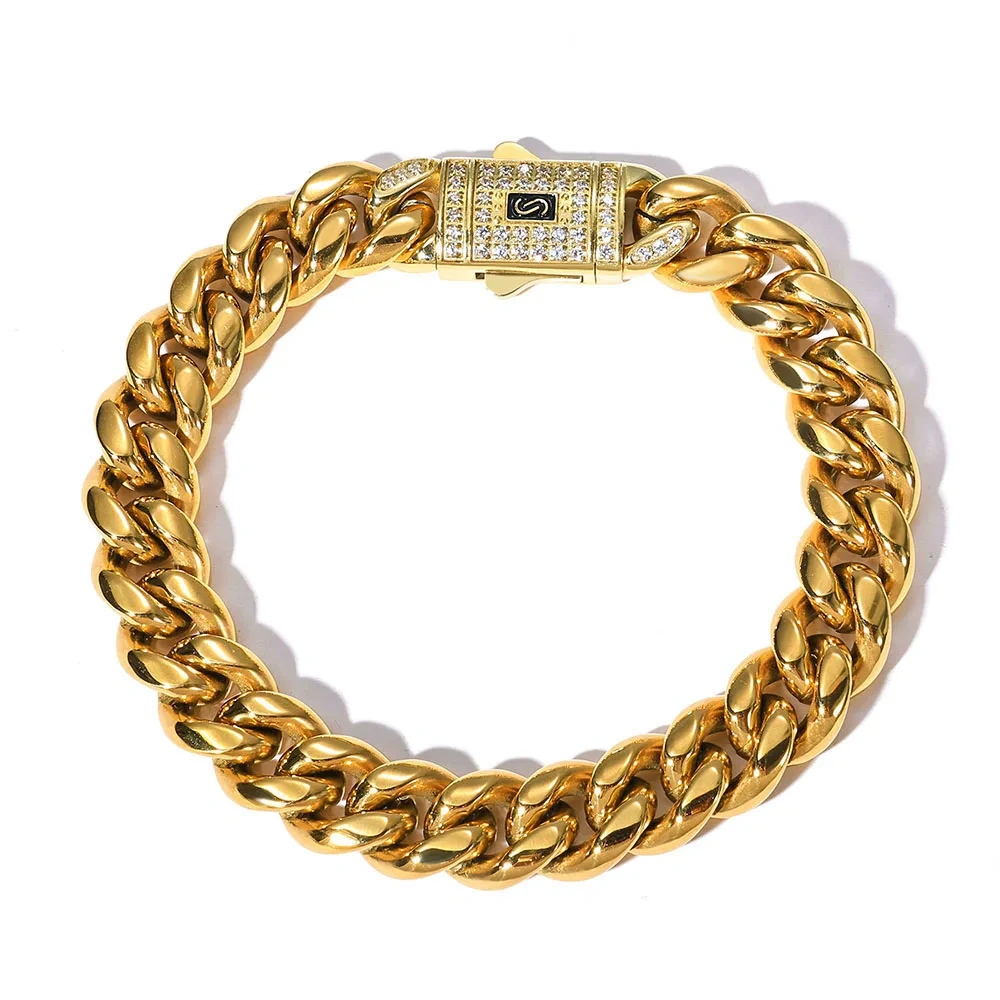 ESKEEM Bling Iced Out Stainless Steel Spring Buckle Miami Cuban Link Chain Bracelet for Men PVD 14k Gold Plating Hip Hop Jewelry