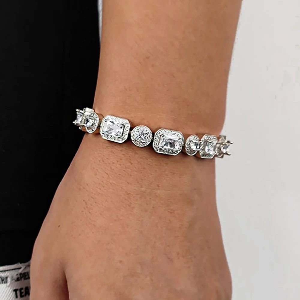 Hip Hop Jewelry Shine 10MM Iced Out Zircon Tennis Bracelet T-Square Round Bling Diamond Women Accessories Clustered Tennis Chain