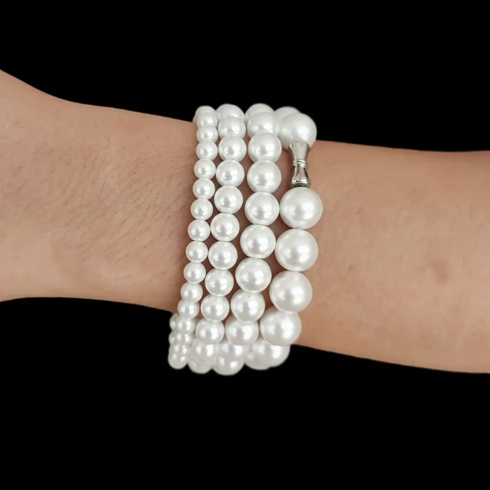 Hip Hop Jewelry 6mm 8mm 10mm 12mm Beaded White Pearl Strand Bracelet Women Men High Quality Bracelet Stainless Steel Clasp