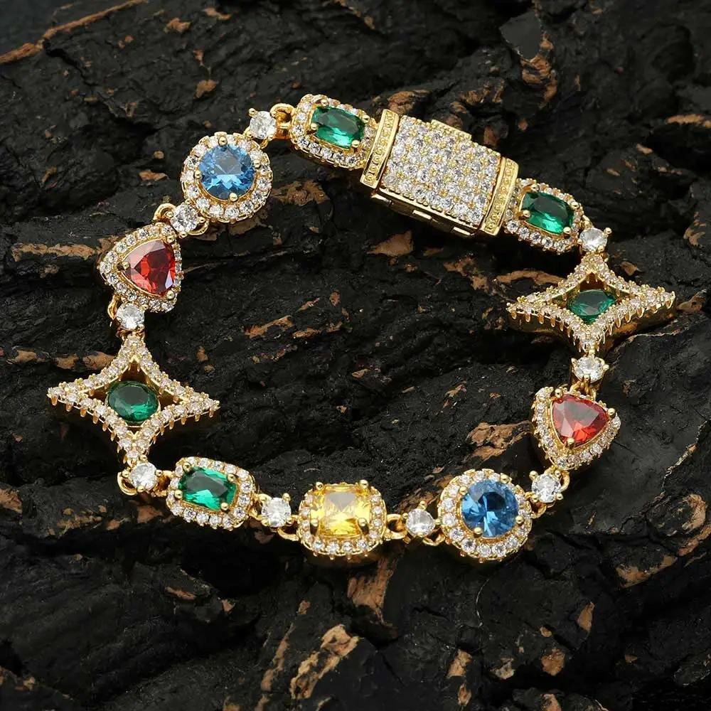 New Promotion Sweet Colorful Bracelets Charm For Women 18k Gold Plated Three Primary Colors Diamond CZ Bracelet Hip Hop Jewelry