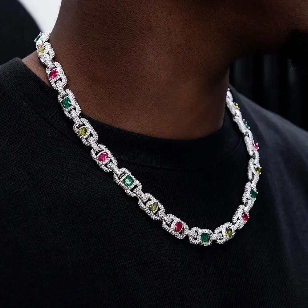 ESKEEM Iced Out Diamond Cuban Link Chain Silver Plated Mixed Inlaid Colorful Zircon Charm Hip Hop Necklace