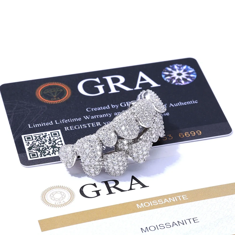 Hip Hop Custom Per Cut Grillz Personalized Big VVS Moissanite Diamond Mens 925 Silver Sterling Deep Cut Grillz Teeth Decoration