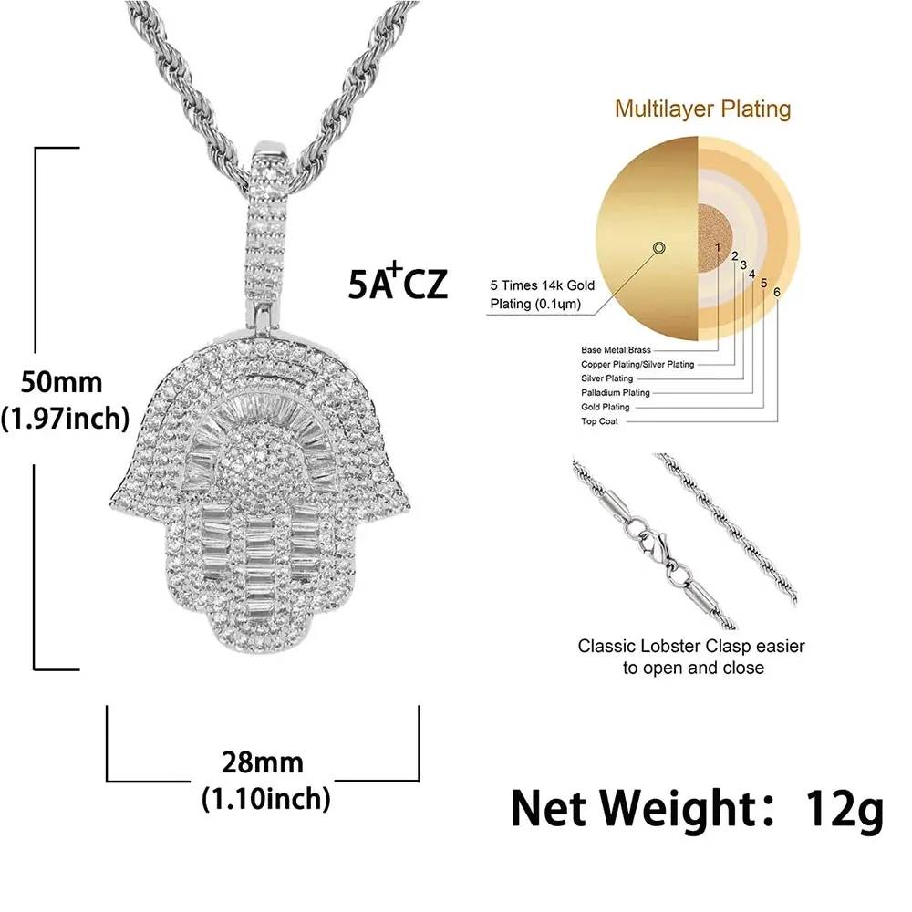 Hip Hop Jewelry Bling Iced Out 5A CZ Pave Hamsa Hand Fatima Pendant Necklace for Women Men With Tennis Chain Drop Shipping