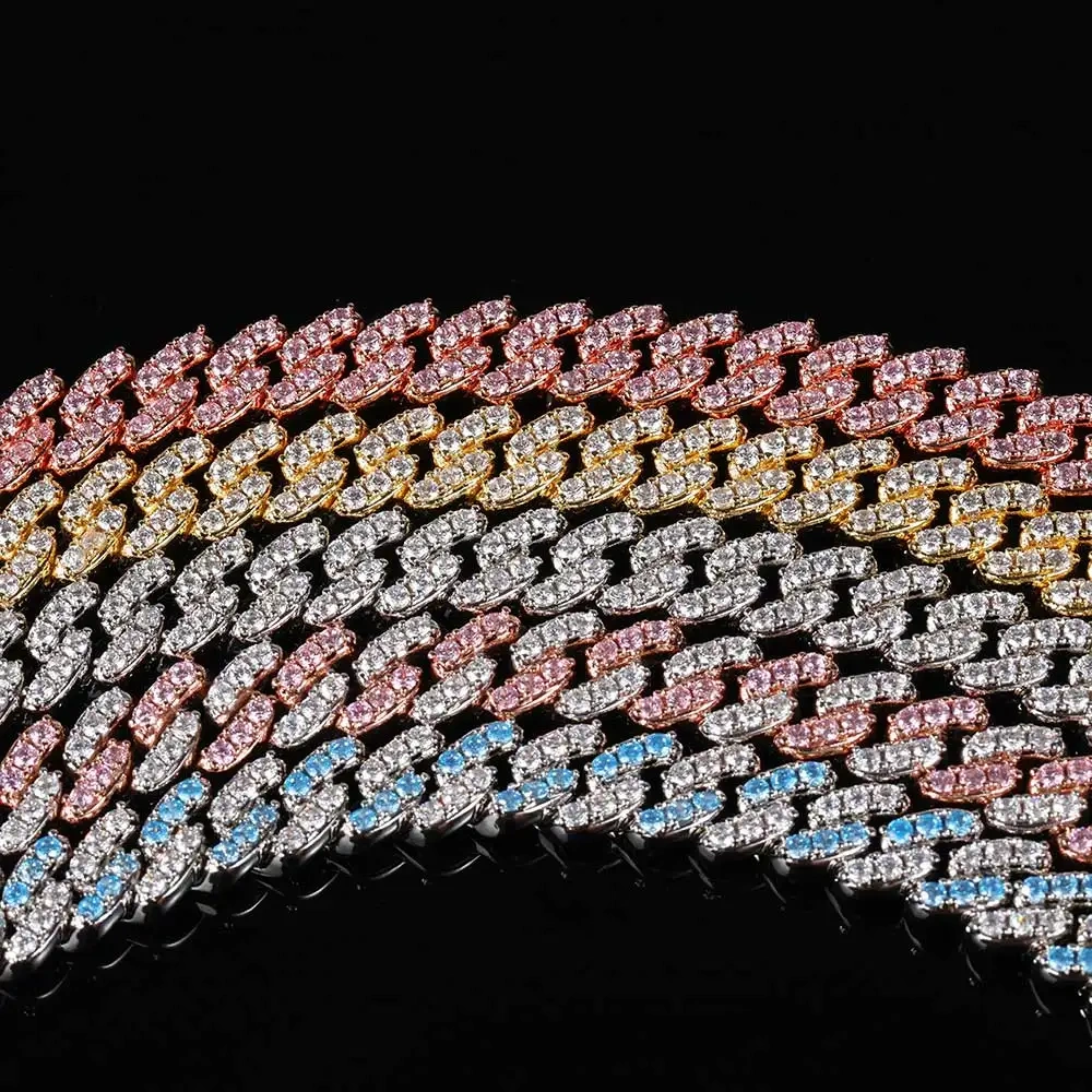 9mm Miami Cuban Link Necklace For Men Women Iced Out Pink/Blue CZ Stone Chain Hip Hop Luxury Fashion Classic Jewelry