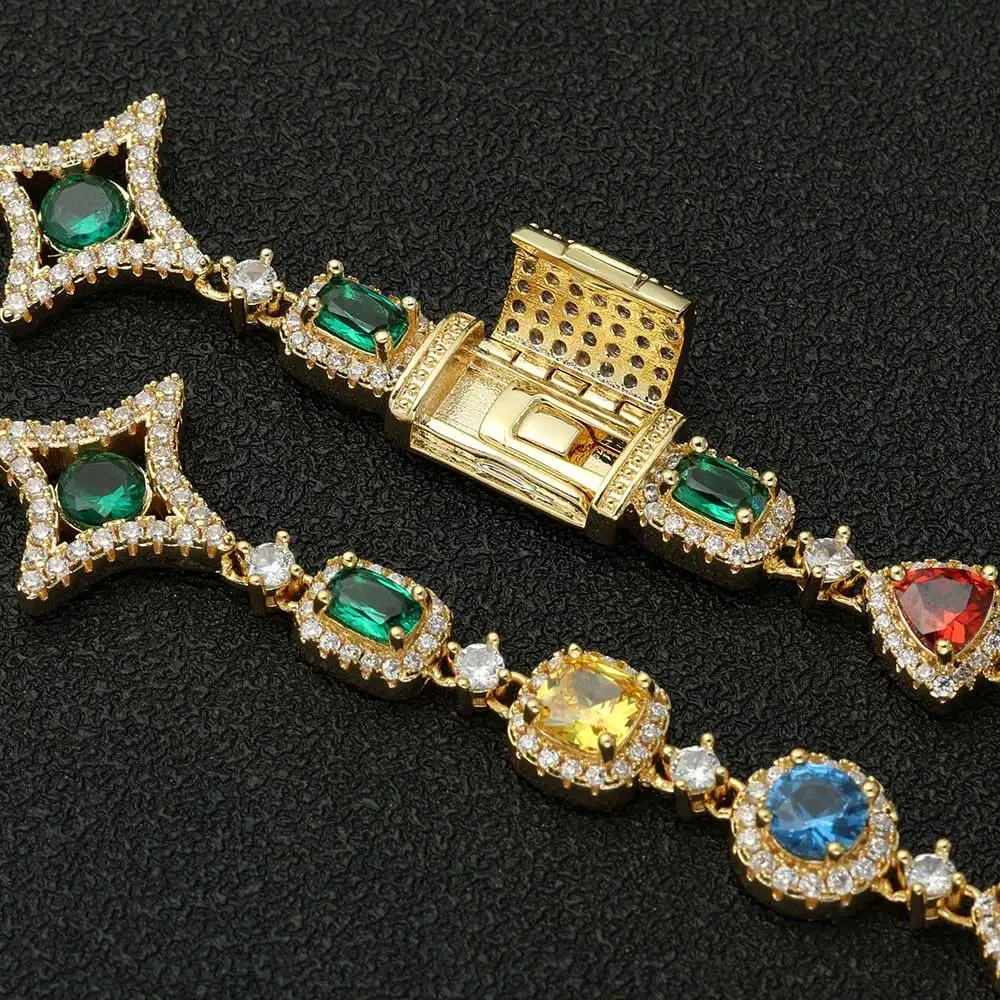 New Promotion Sweet Colorful Bracelets Charm For Women 18k Gold Plated Three Primary Colors Diamond CZ Bracelet Hip Hop Jewelry