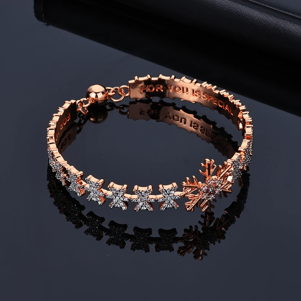 ESKEEM Rose Gold Plated Jewelry Snowflake Bangle Iced Out Cubic Zirconia Bracelets for Women Christmas and New Year Gifts