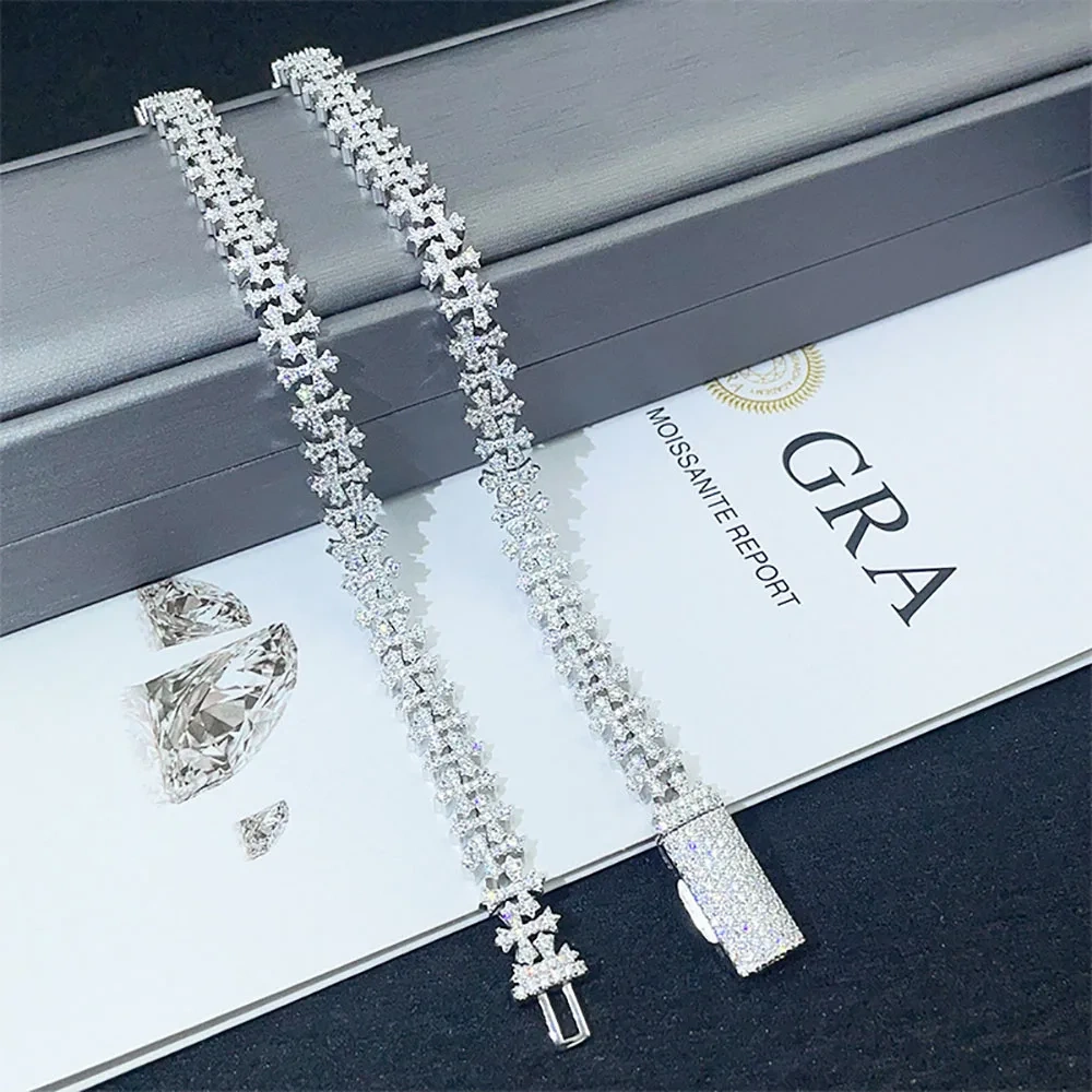 8MM Cross Cuban Chain VVS Moissanite Hip Hop Bracelet 925 Silver for Men and Women Cross Cuban Bracelet for Men and Women ﻿