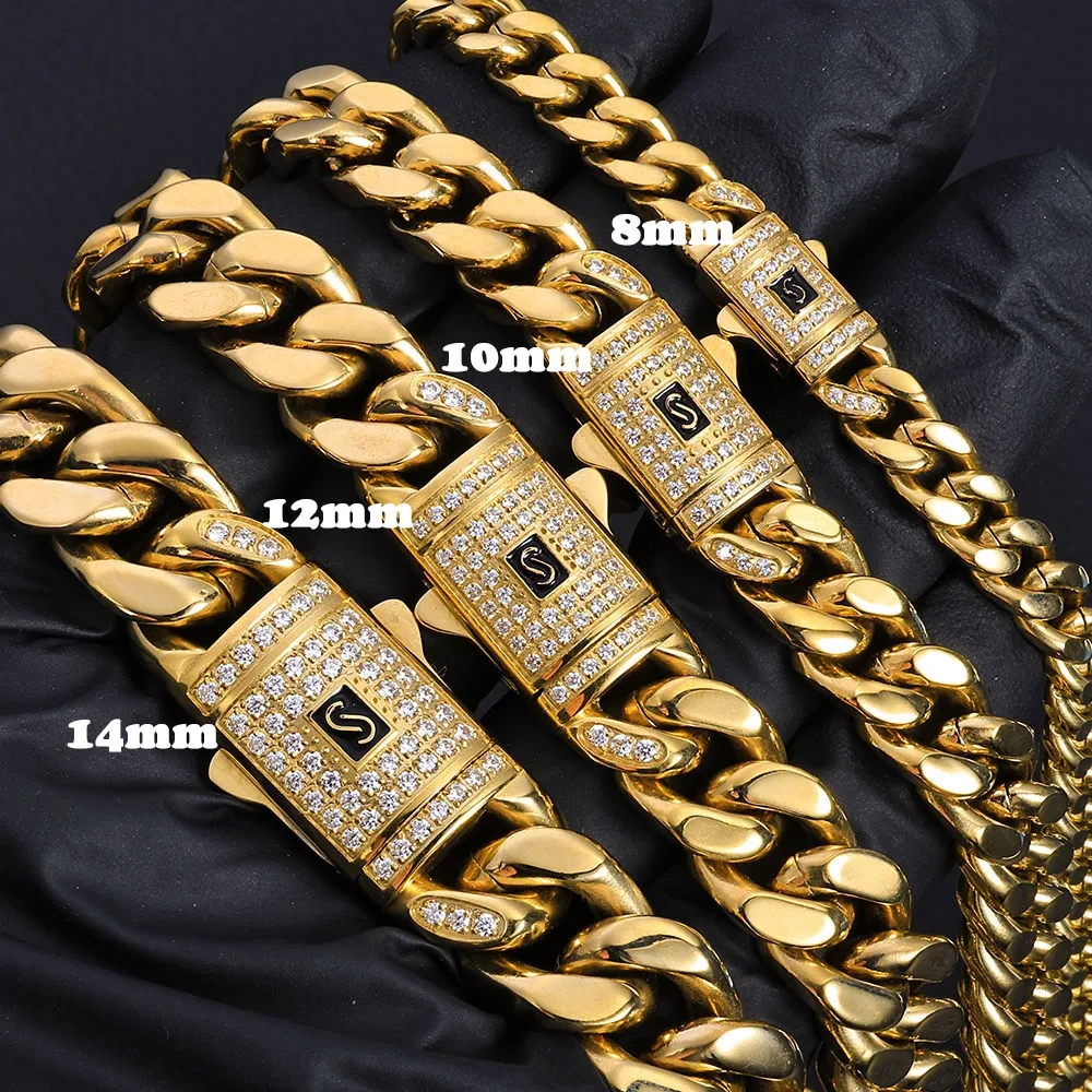 ESKEEM Hip Hop Jewelry 6/9/11/13MM PVD 14k Gold Plating Monaco Necklace Stainless Steel Miami Cuban Link Chains For Women Men