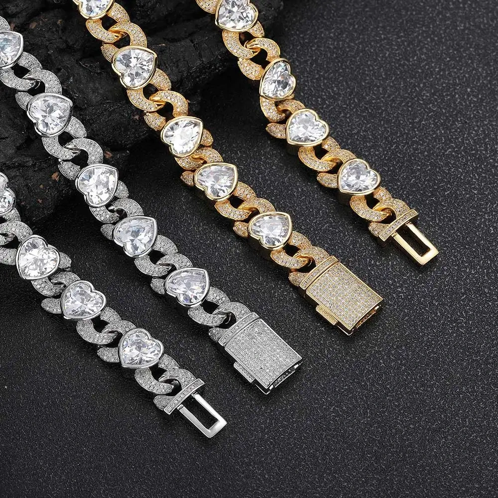 12MM New Design Heart Shape Cuban Link Bracelet Hip Hop Rapper Valentine's Iced Out Heart Cluster Charm Cuban Link Bracelet