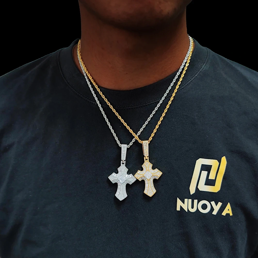 Wholesale Ice Rectangle Cross Pendant Necklace Mens Hip Hop Jewelry Bling CZ Mens Cross Charm Necklace Party Gift