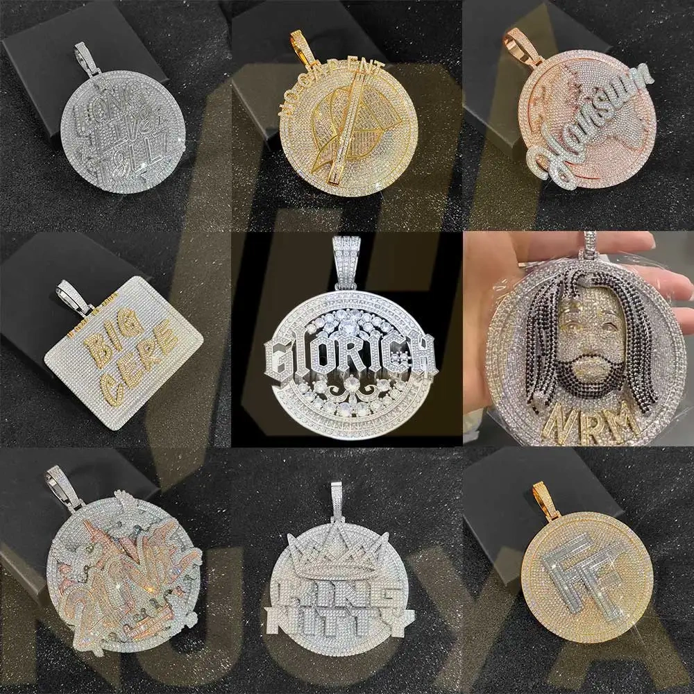 Hip Hop Iced Out Cz Big Letter Round Charm Bling Cubic Zircon Paved Pendant Necklace Women Men Jewelry With Rope Cuban Chain