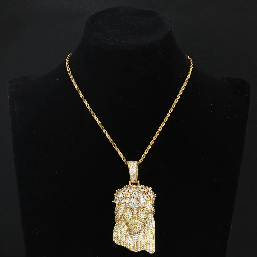 ESKEEM Bling Iced Out 5A CZ Jesus Face Pendant White Gold Plated Big Jesus Head Charm Hip Hop Jewelry wtih 12mm Cuban Chain