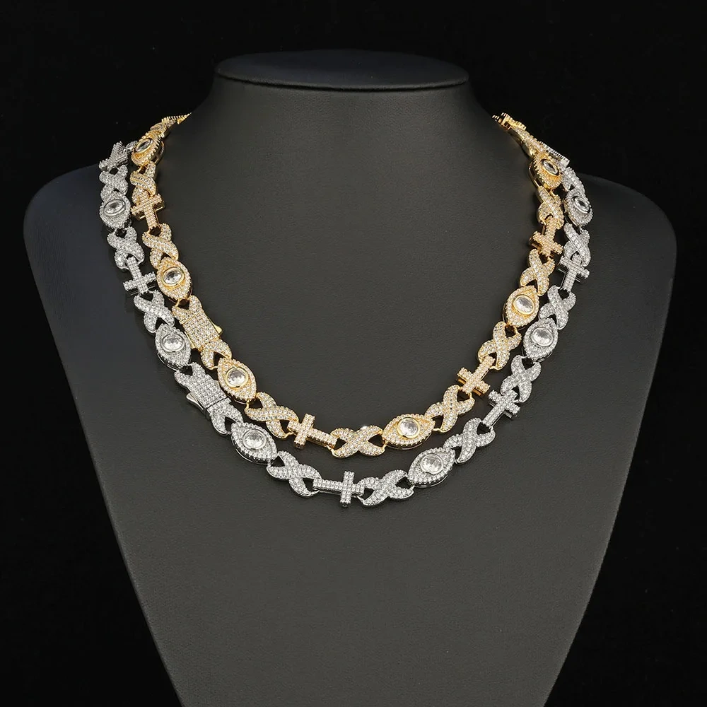 ESKEEM Hip Hop Jewelry New Design Full Pave Cubic Zirconia Chain Iced Out Diamond Eye Cross Link Chain Necklace For Women