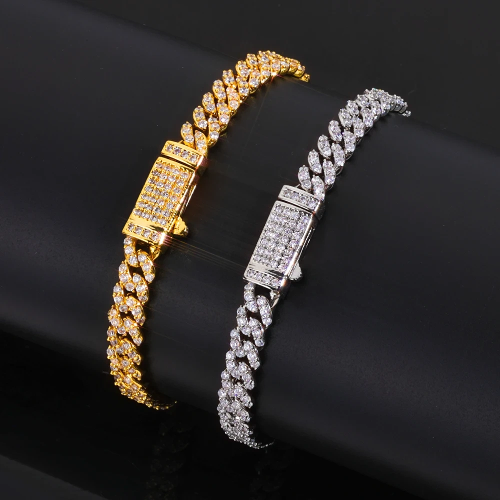 ESKEEM Hip Hop Jewelry 6mm Miami Cuban Bracelet Fully Single Row Iced Out Diamond Cuban Chain Bracelet Men Women Jewelry