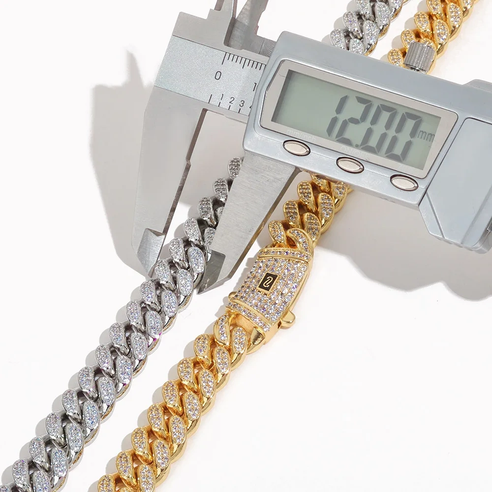 ESKEEM 12mm Full Iced Diamond Monaco Bracelet 18K Gold Plated Miami Two Rows Cubic Zirconia Cuban Link Chain Hip Hop Jewelry Men