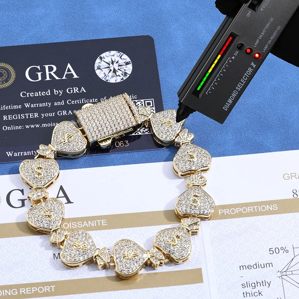 100% Pass Diamond Test Moissanite Money Bag Cuban Chain 925 Sterling Silver VVS Diamond Iced Out Women $ Sign Necklace Gift
