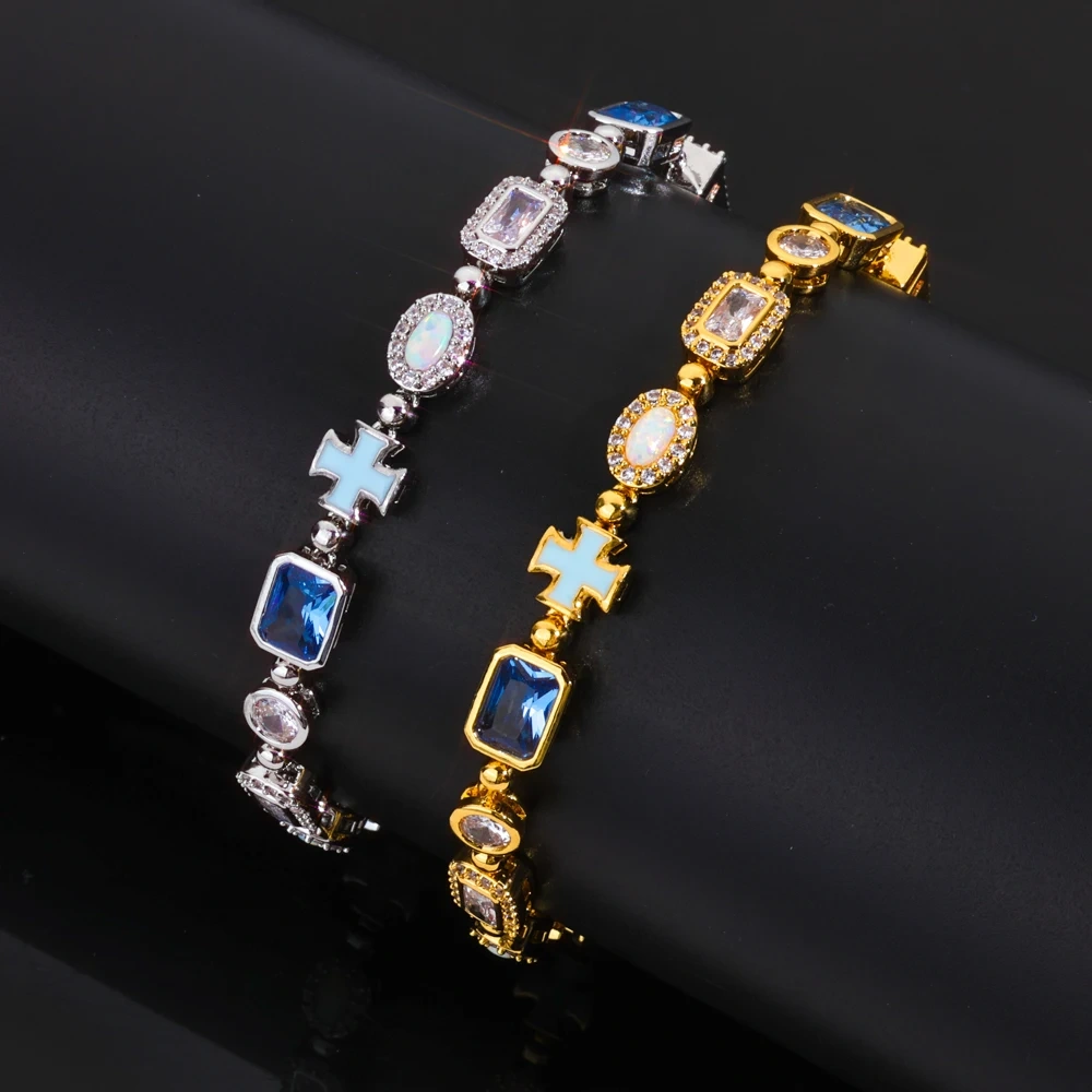 ESKEEM Geometric Oil Drip Blue Cross Bracelet 6mm Iced Out Blue CZ Gemstone Motif Chain Hip Hop Jewelry