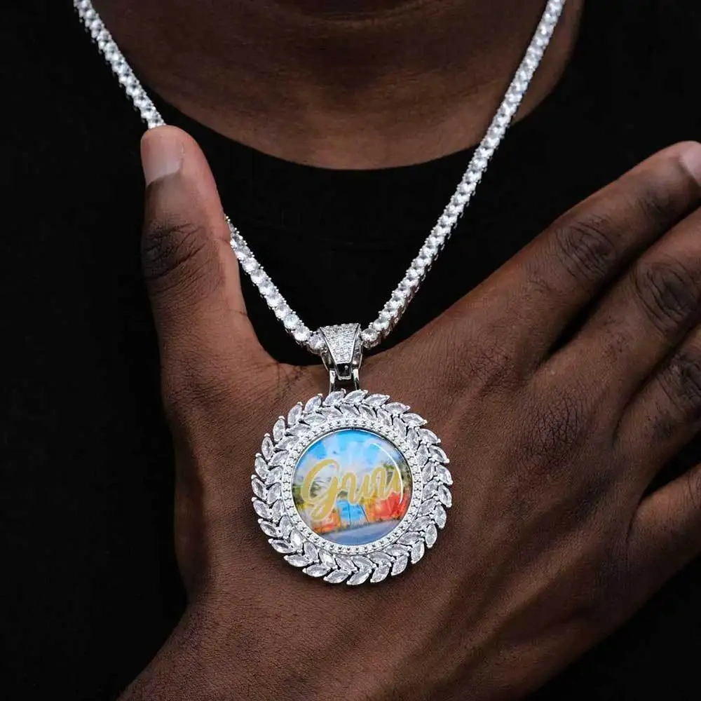 Hip Hop Iced Out Jewelry Picture Custom Pendant Blank Zircon Medallion Photo Necklace Free Item Engraving Logo And Shipping