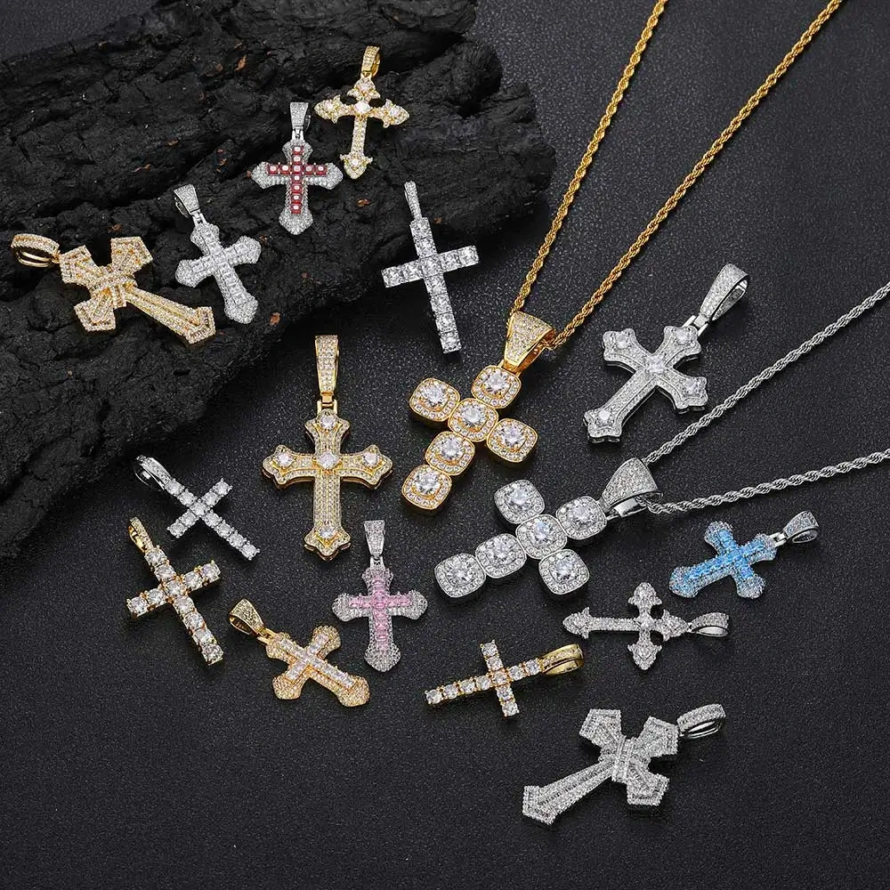 Hip Hop Jewelry Charm Women Cross Christian Jesus Bling Iced Out Copper Zircon Color Pendant Necklace