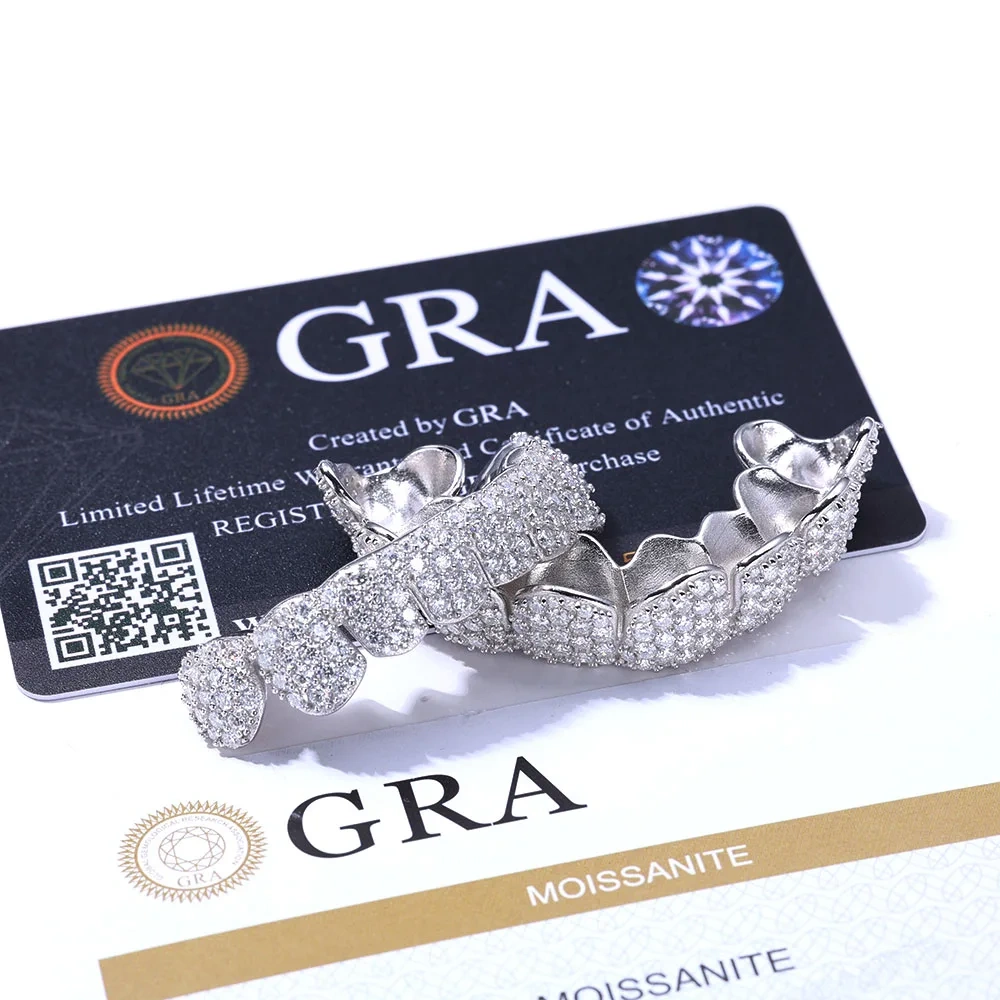 Hip Hop Custom Per Cut Grillz Personalized Big VVS Moissanite Diamond Mens 925 Silver Sterling Deep Cut Grillz Teeth Decoration