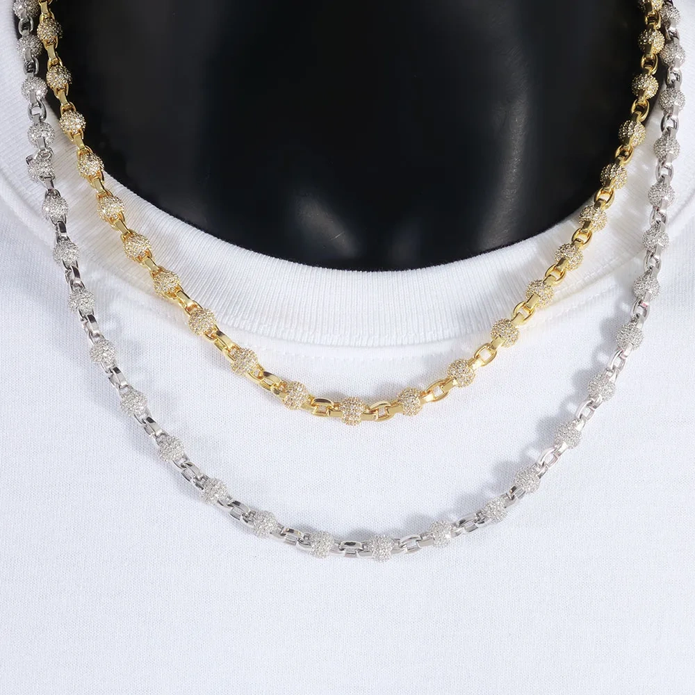 ESKEEM New 6mm Round Bead Necklace Full Pave Iced Out Cubic Zirconia Cuban Link Chain for Men Women Hip Hop Jewelry