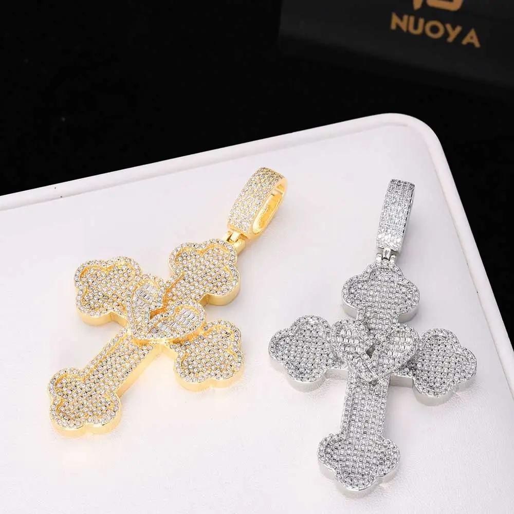 Hip Hop New Fashion Big Full Iced Out Bling Cross Pendant 5A Cubic Zirconia CZ Heart Broken Cross Men Pendant Necklace Jewelry